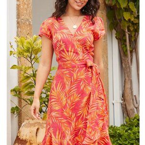 Sosandar Pink Printed 100% Linen Wrap Dress